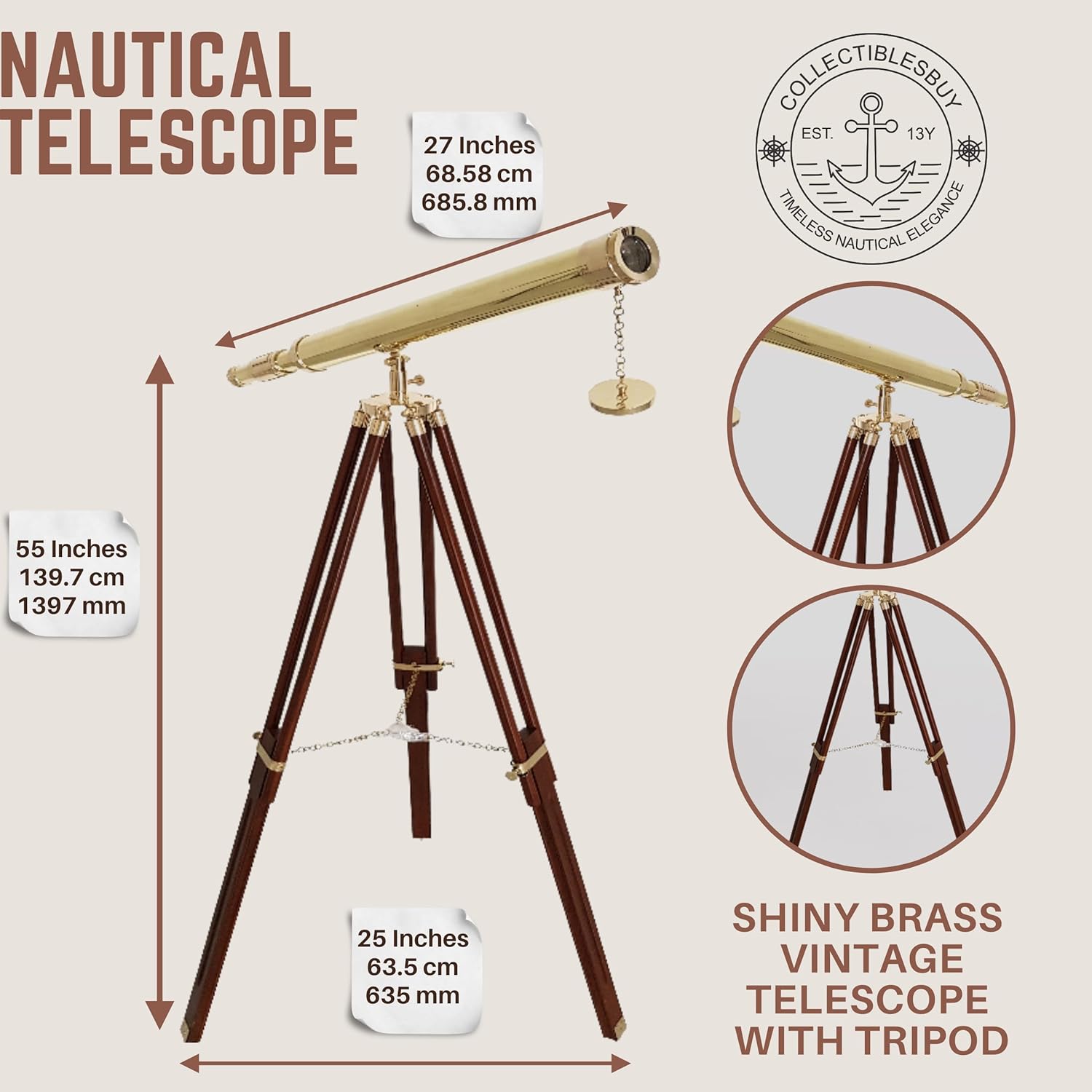 Brass Floor Standing Telescope 55" with Wooden Tripod view 3