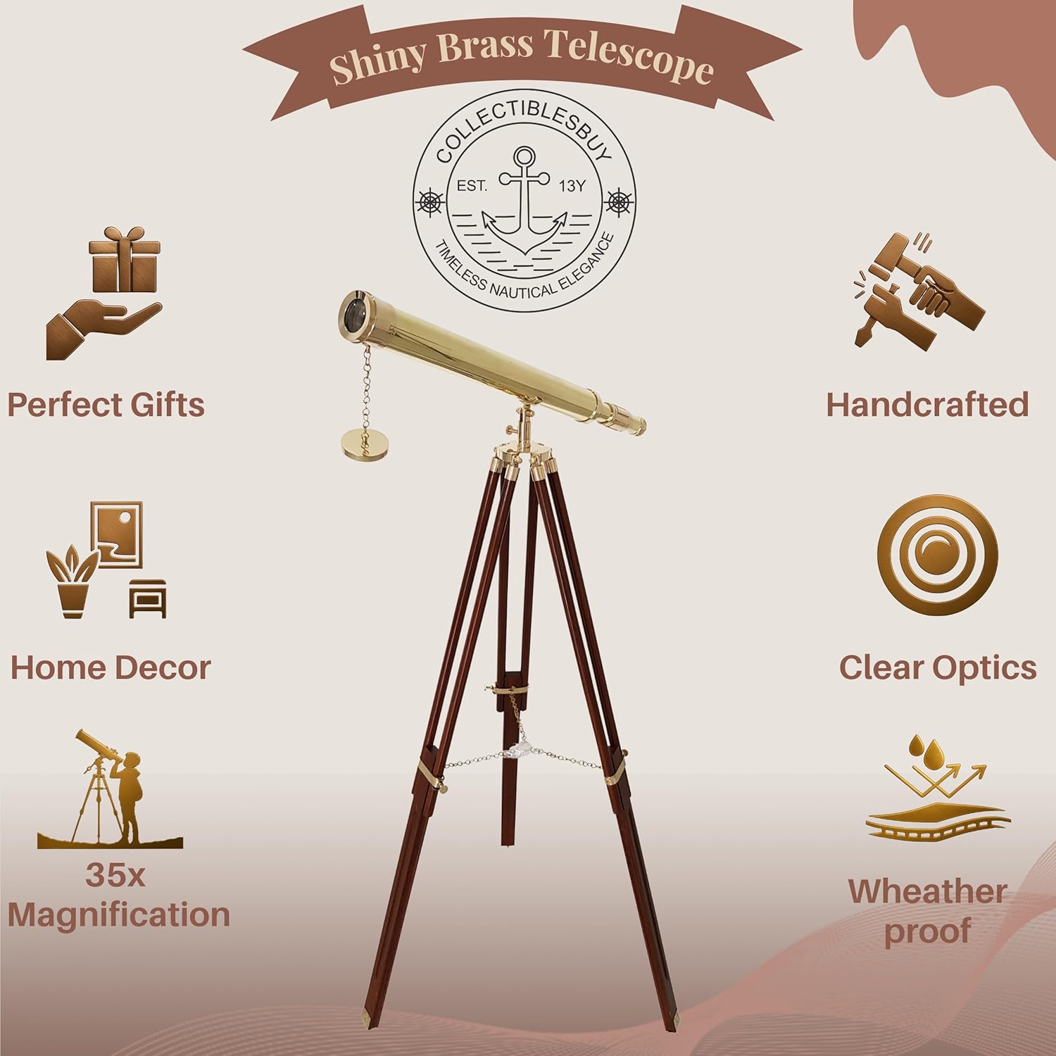 Brass Floor Standing Telescope 55" with Wooden Tripod view 4