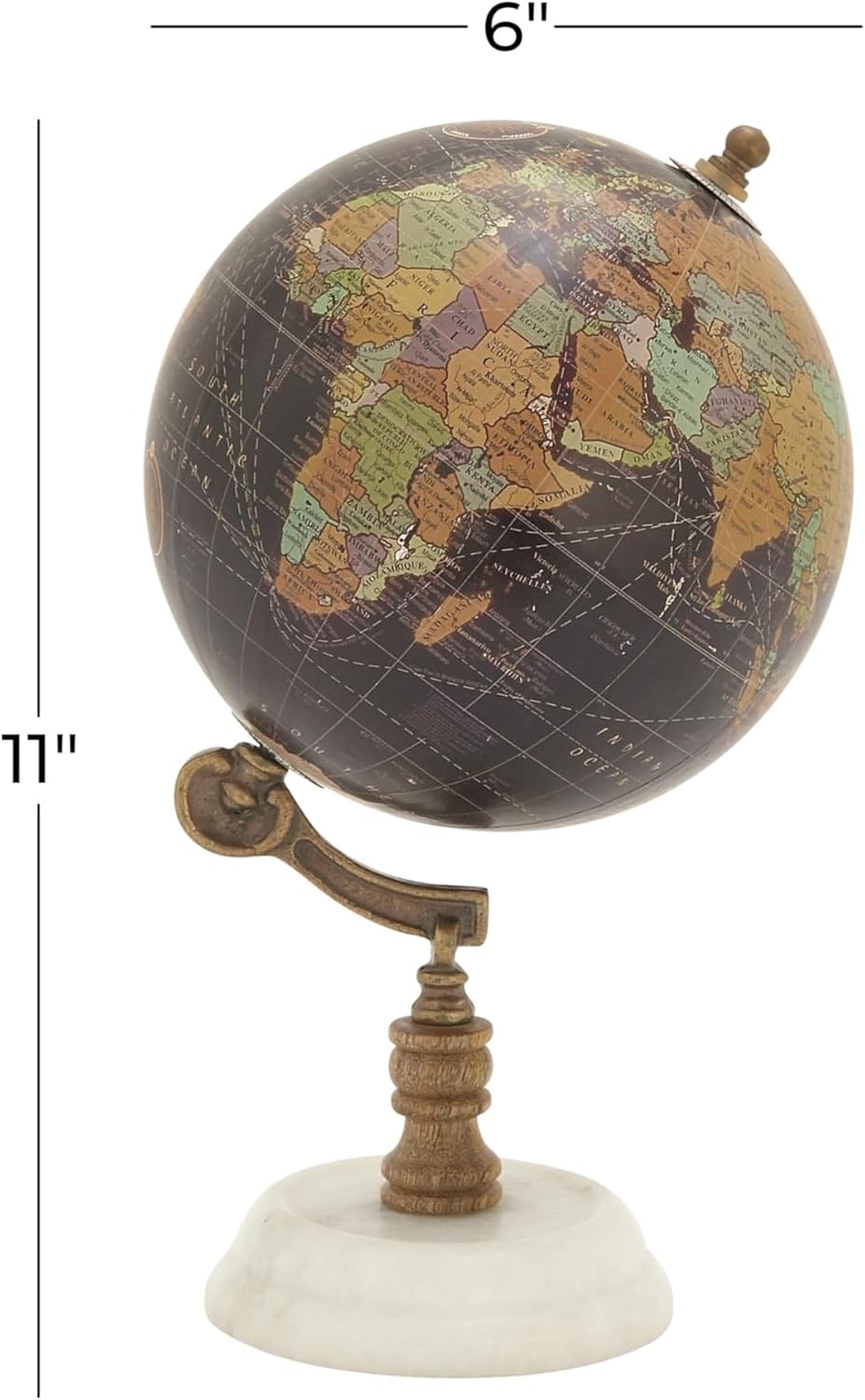 Desk Globe with Dark Map on Marble Base with Wooden and Brass Support view 3