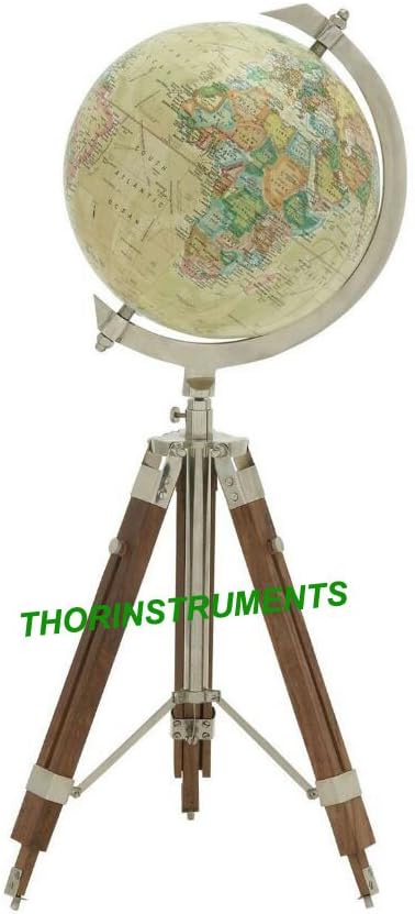 Vintage Desk Globe with Chrome Nickel Ring on Wooden Tripod Stand view 2