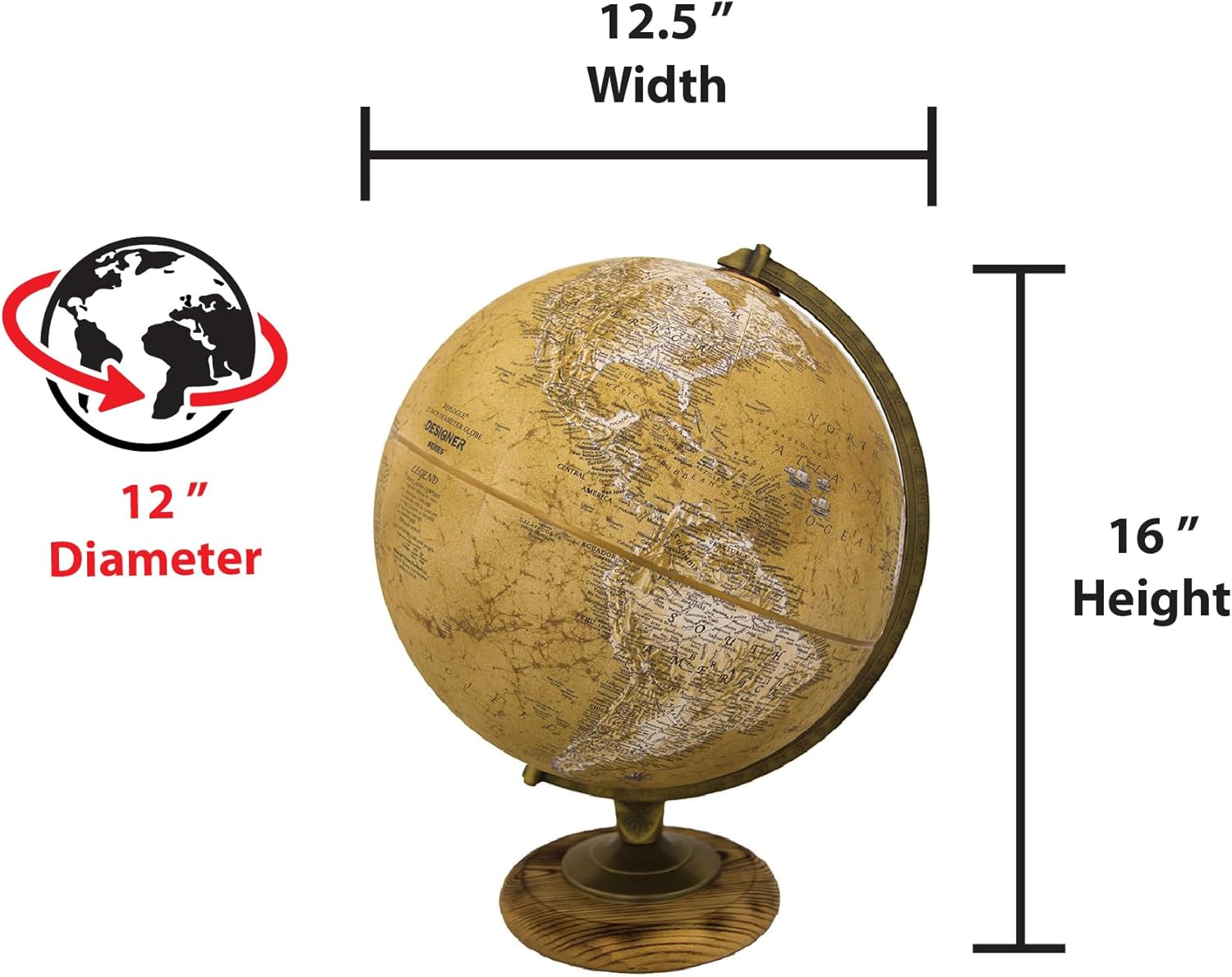 Large Desk Globe with Antique Brass Ring on Wooden Base view 2