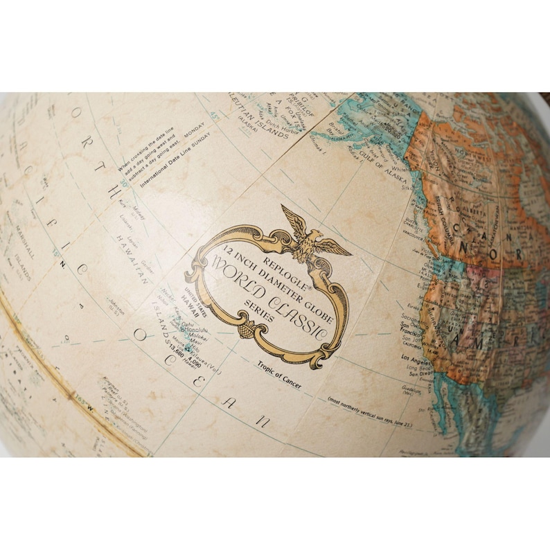 Large Desk Globe with Detailed Map on Metal Base and Antique Brass Ring view 3