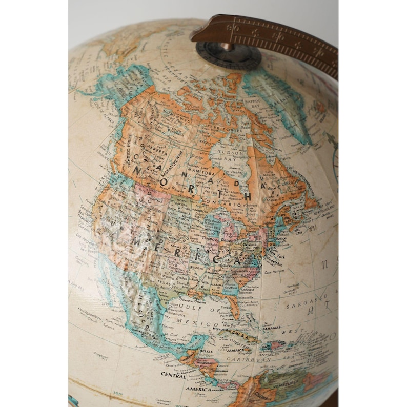 Large Desk Globe with Detailed Map on Metal Base and Antique Brass Ring view 4