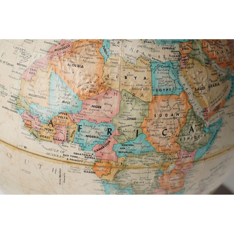 Large Desk Globe with Detailed Map on Metal Base and Antique Brass Ring view 5