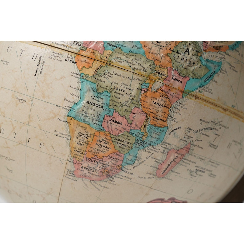 Large Desk Globe with Detailed Map on Metal Base and Antique Brass Ring view 6