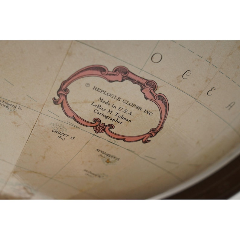 Large Desk Globe with Detailed Map on Metal Base and Antique Brass Ring view 7