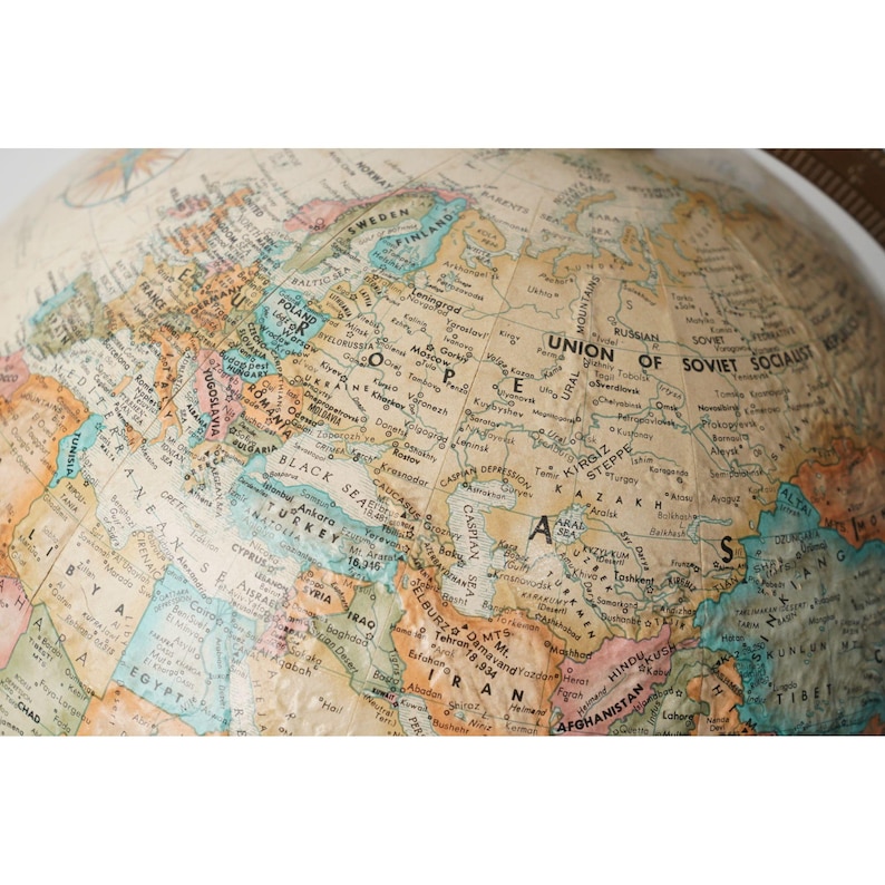 Large Desk Globe with Detailed Map on Metal Base and Antique Brass Ring view 8
