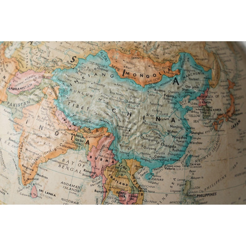 Large Desk Globe with Detailed Map on Metal Base and Antique Brass Ring view 9