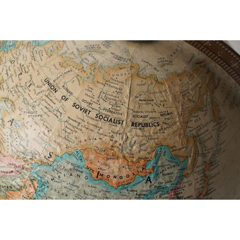 Large Desk Globe with Detailed Map on Metal Base and Antique Brass Ring view 10