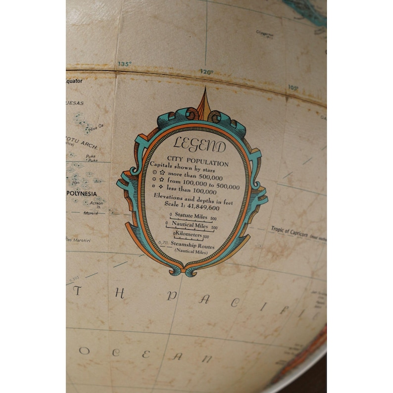 Large Desk Globe with Detailed Map on Metal Base and Antique Brass Ring view 12