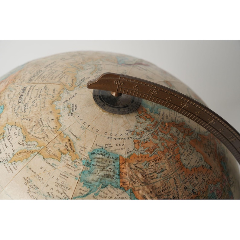 Large Desk Globe with Detailed Map on Metal Base and Antique Brass Ring view 13
