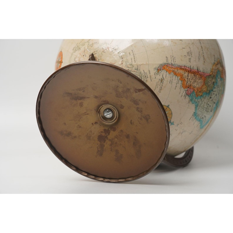 Large Desk Globe with Detailed Map on Metal Base and Antique Brass Ring view 15