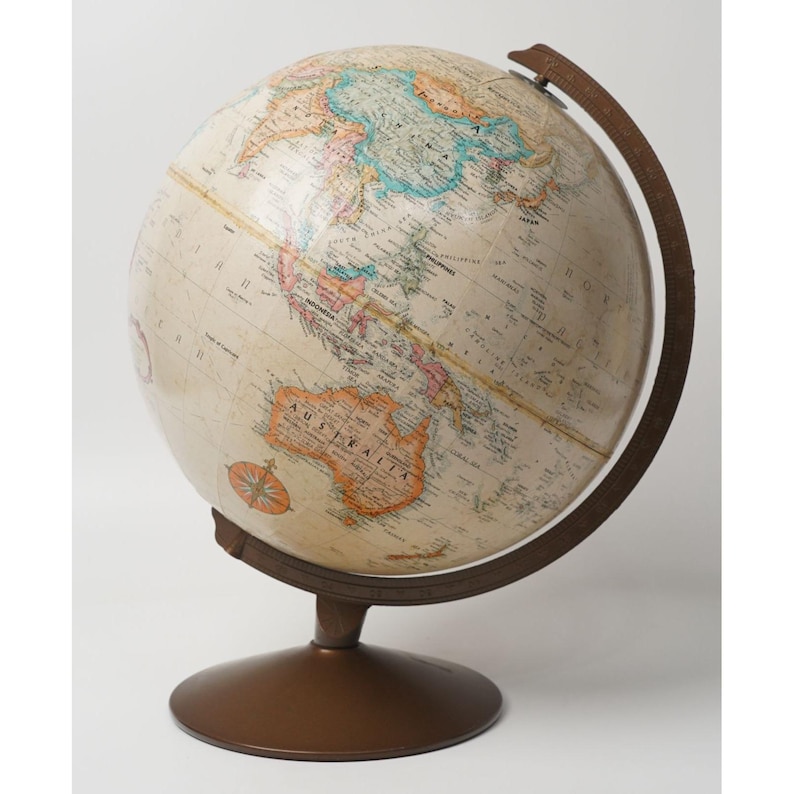 Large Desk Globe with Detailed Map on Metal Base and Antique Brass Ring view 16