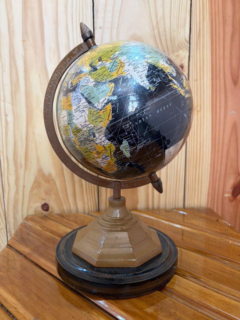 Vintage Desk Globe with Black Ocean and Golden Land Map on Octagonal Brass Stand view 2