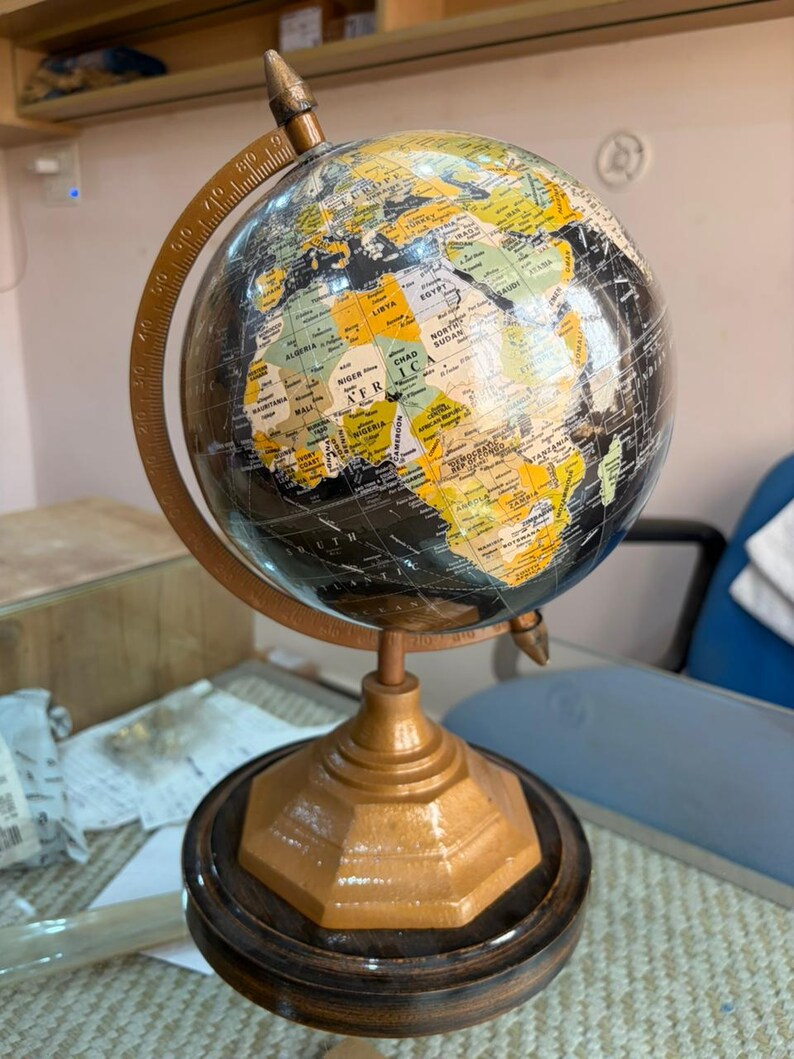 Vintage Desk Globe with Black Ocean and Golden Land Map on Octagonal Brass Stand view 4