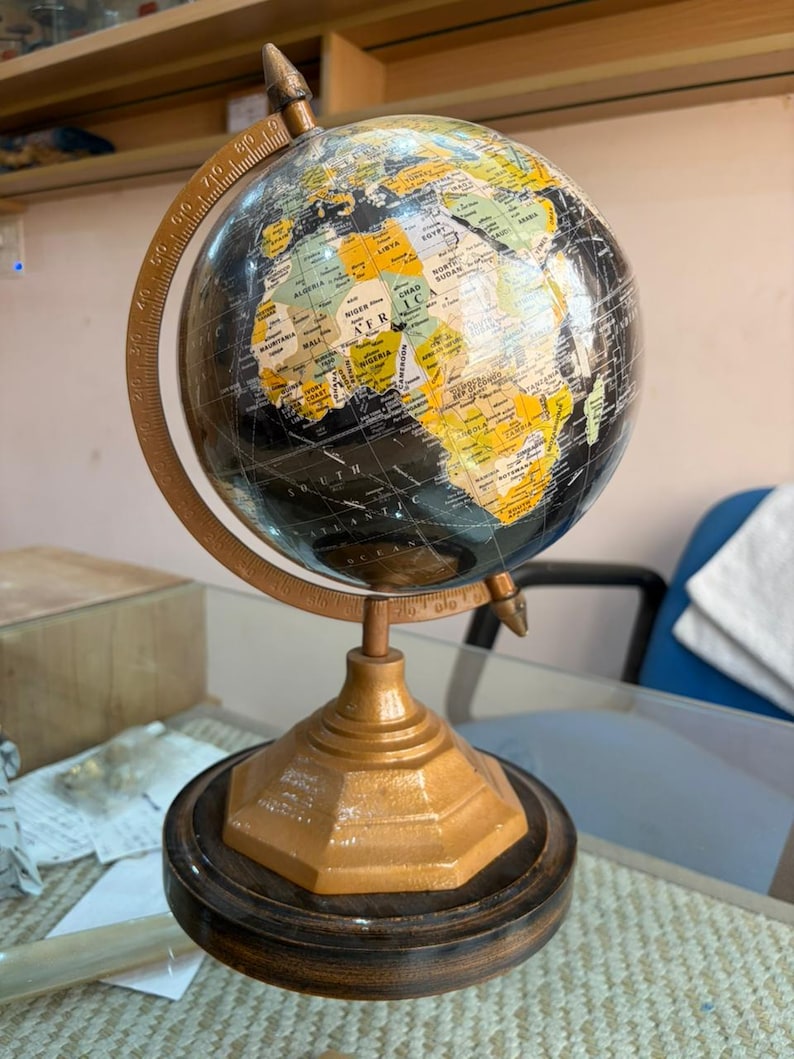 Vintage Desk Globe with Black Ocean and Golden Land Map on Octagonal Brass Stand view 5
