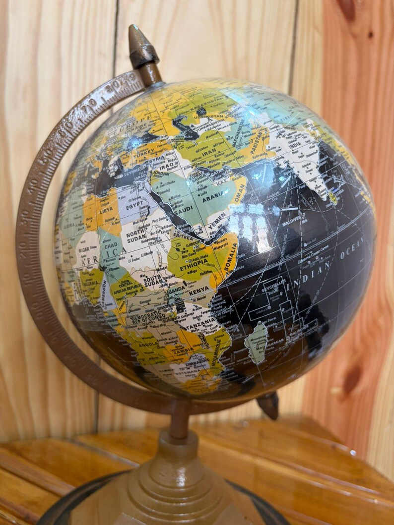 Vintage Desk Globe with Black Ocean and Golden Land Map on Octagonal Brass Stand view 7