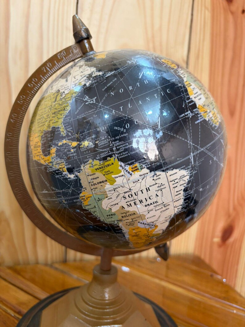 Vintage Desk Globe with Black Ocean and Golden Land Map on Octagonal Brass Stand view 8
