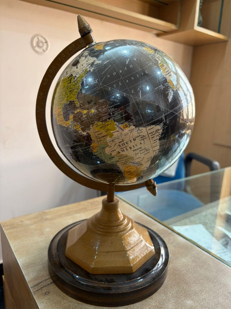 Vintage Desk Globe with Black Ocean and Golden Land Map on Octagonal Brass Stand view 9