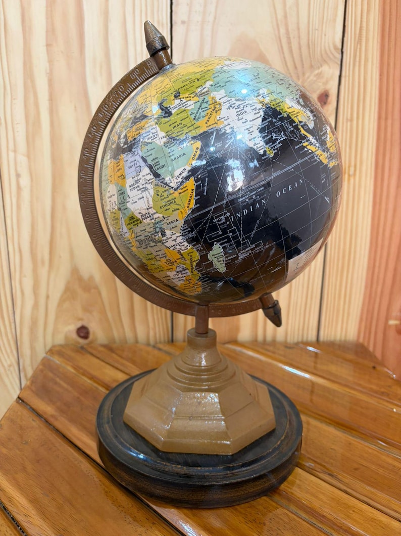 Vintage Desk Globe with Black Ocean and Golden Land Map on Octagonal Brass Stand view 10