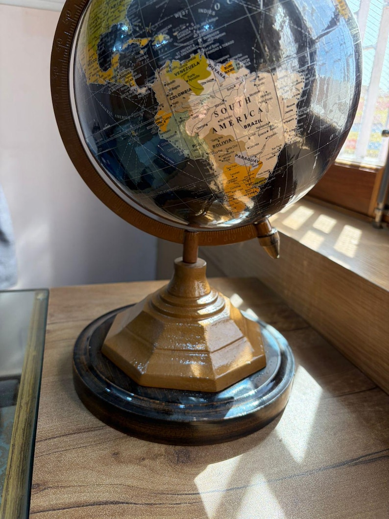 Vintage Desk Globe with Black Ocean and Golden Land Map on Octagonal Brass Stand view 11