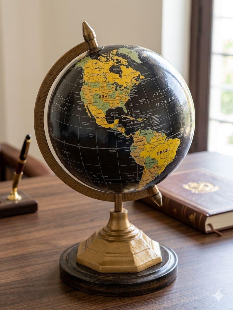Vintage Desk Globe with Black Ocean and Golden Land Map on Octagonal Brass Stand view 12