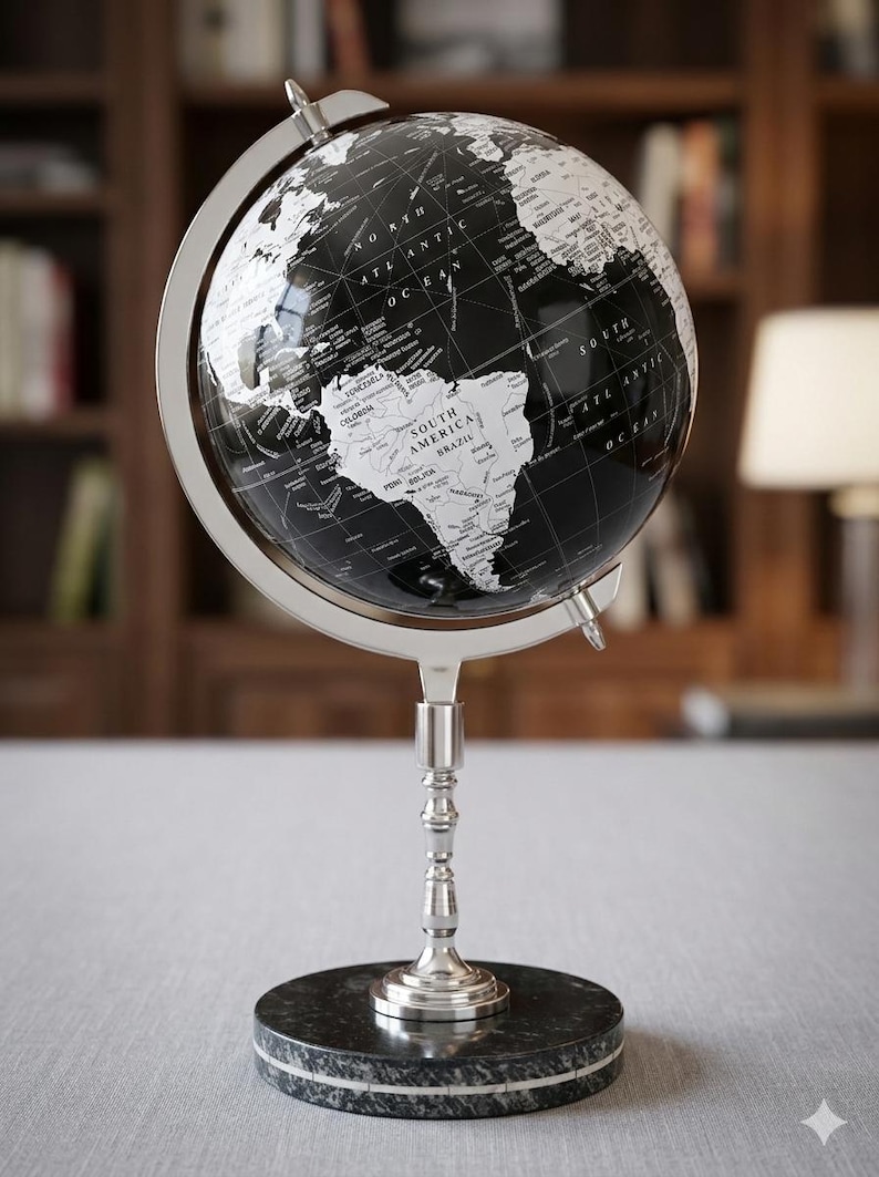 Shiny Black Globe with Chrome Nickel Stand and Black Marble Base view 2