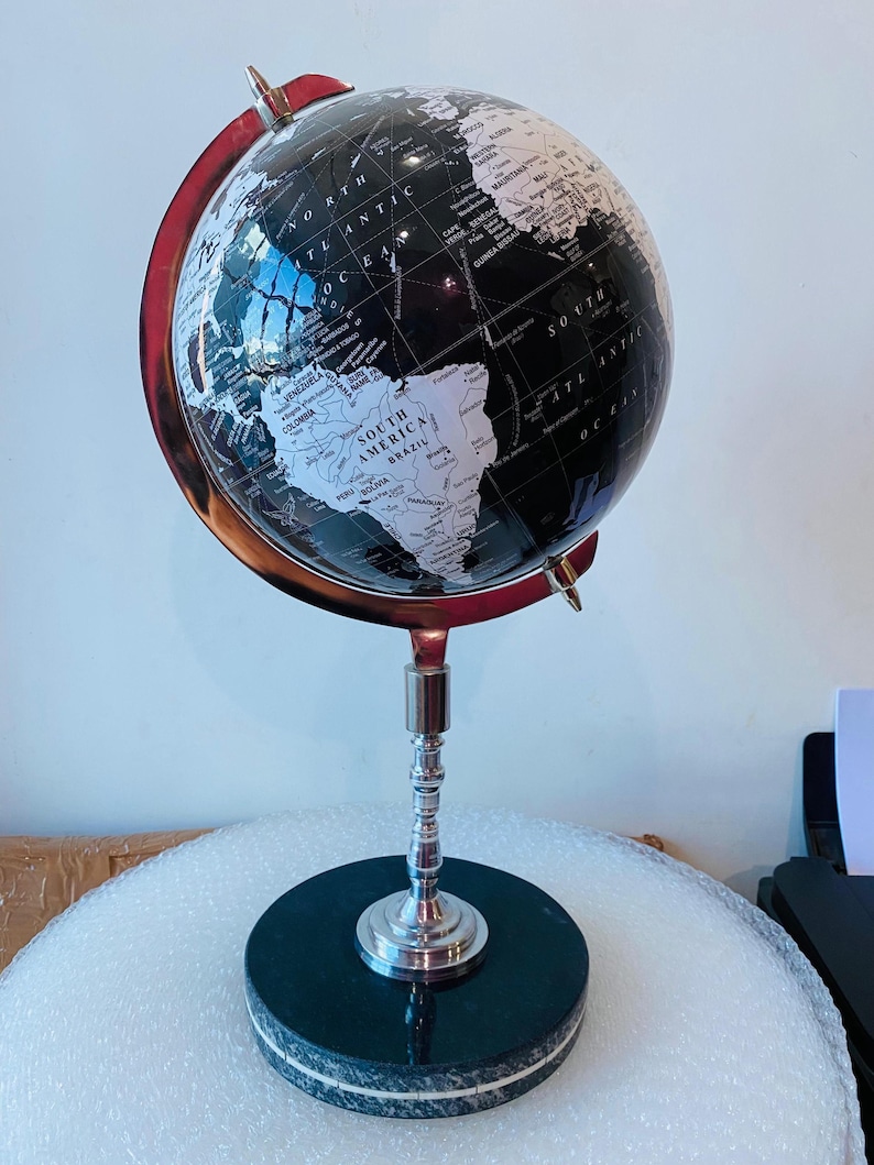 Shiny Black Globe with Chrome Nickel Stand and Black Marble Base view 3