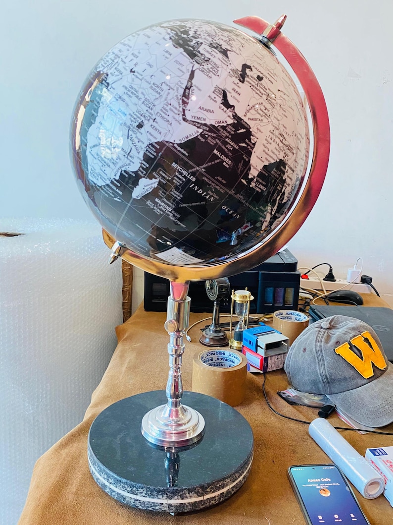 Shiny Black Globe with Chrome Nickel Stand and Black Marble Base view 12