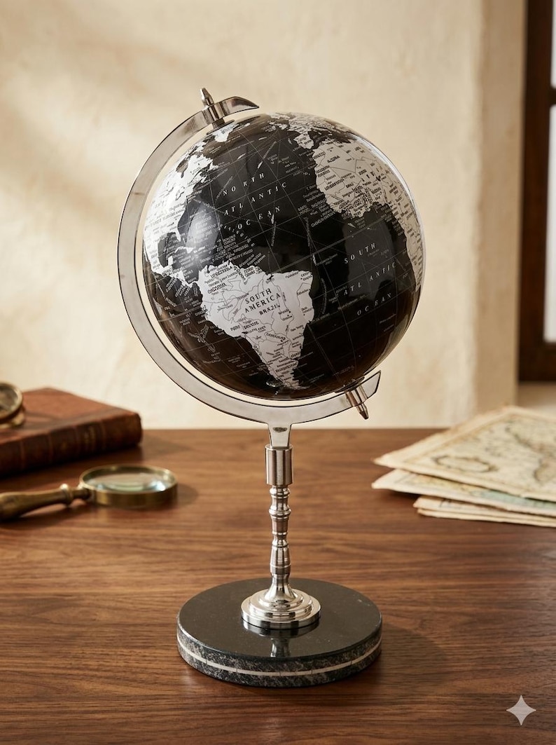 Shiny Black Globe with Chrome Nickel Stand and Black Marble Base view 13