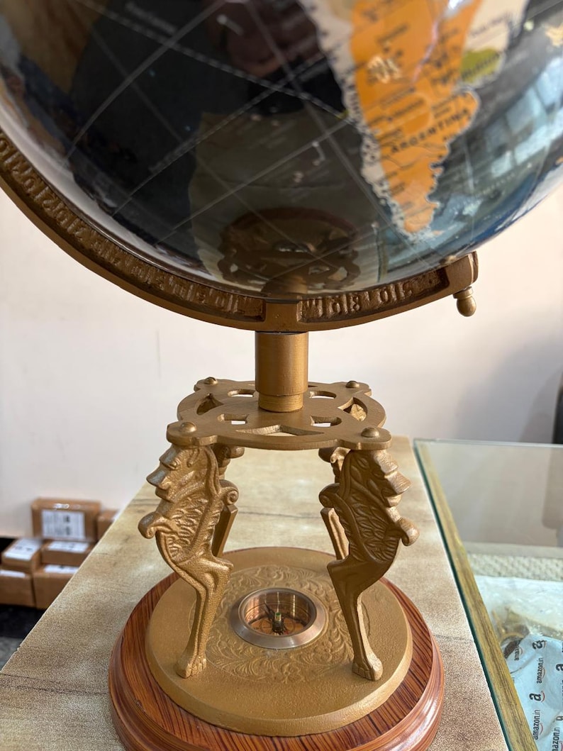Antique Brass Desk Globe with Four-Horse Stand and Working Compass Base view 4