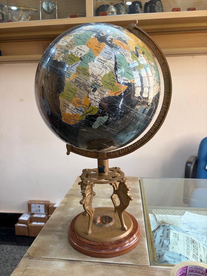 Antique Brass Desk Globe with Four-Horse Stand and Working Compass Base view 5