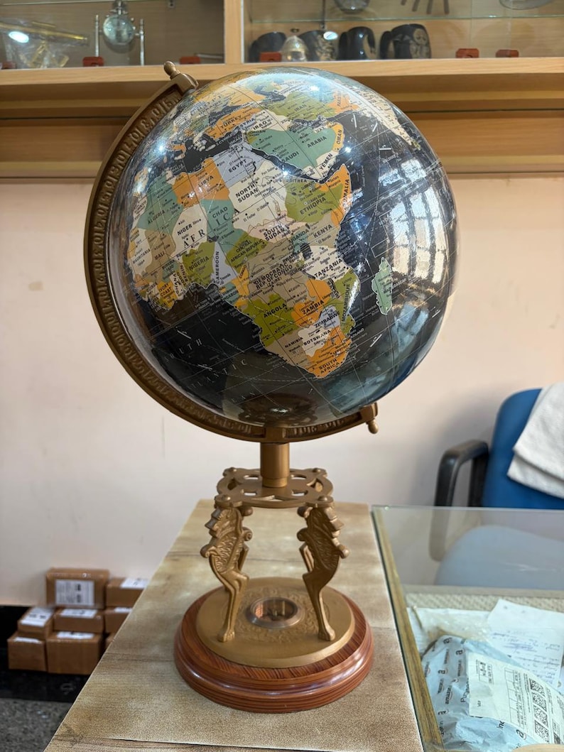 Antique Brass Desk Globe with Four-Horse Stand and Working Compass Base view 9