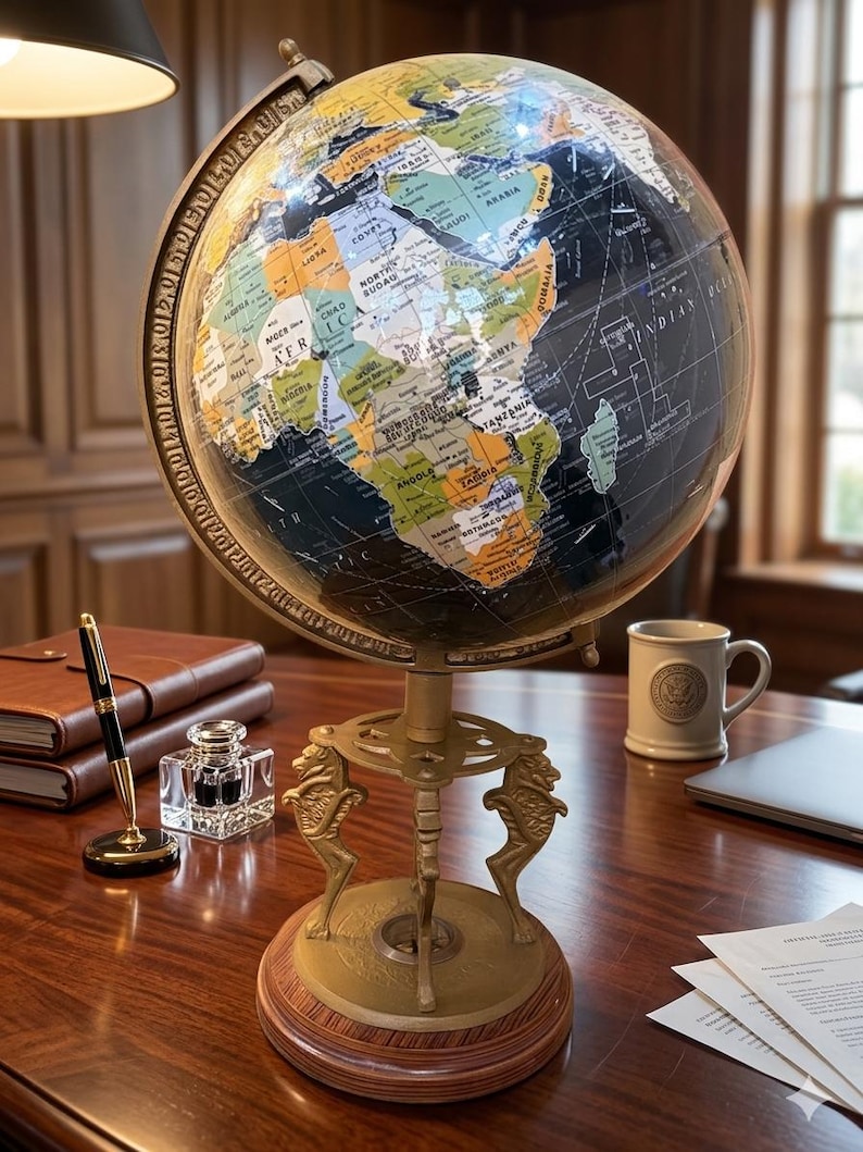 Antique Brass Desk Globe with Four-Horse Stand and Working Compass Base view 10