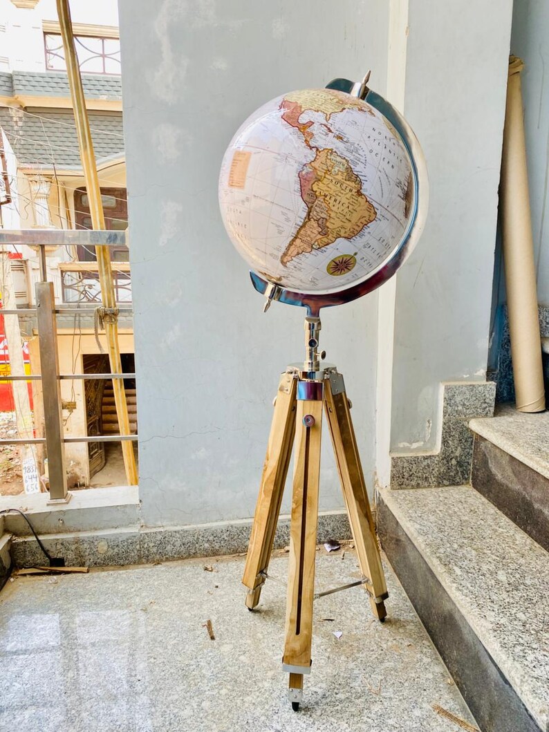 Large White Globe with Chrome Nickel Ring on Adjustable Light Brown Wooden Tripod Stand view 2
