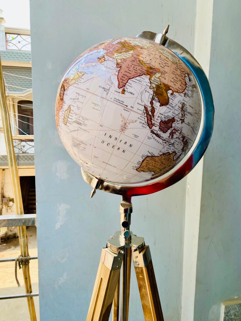 Large White Globe with Chrome Nickel Ring on Adjustable Light Brown Wooden Tripod Stand view 3