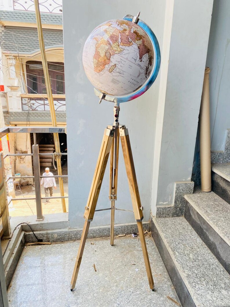 Large White Globe with Chrome Nickel Ring on Adjustable Light Brown Wooden Tripod Stand view 4