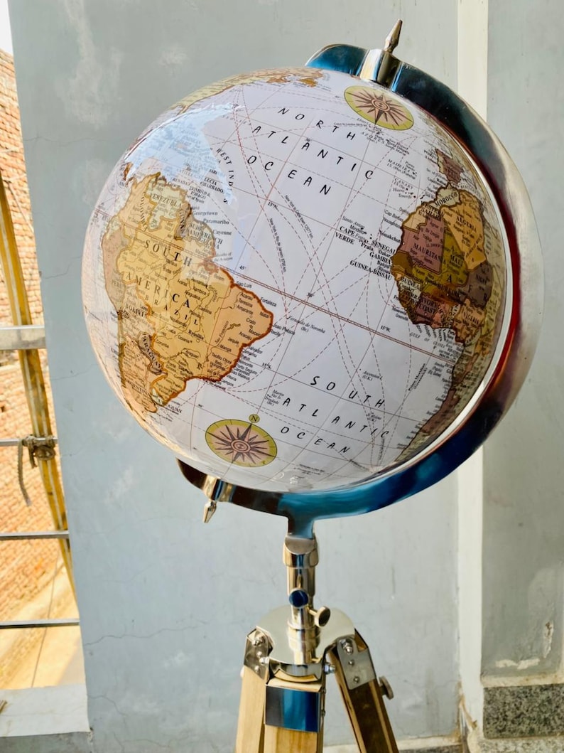 Large White Globe with Chrome Nickel Ring on Adjustable Light Brown Wooden Tripod Stand view 5