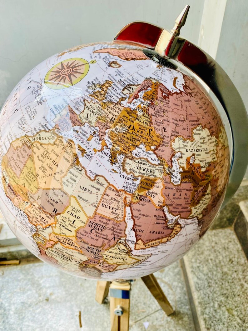 Large White Globe with Chrome Nickel Ring on Adjustable Light Brown Wooden Tripod Stand view 6