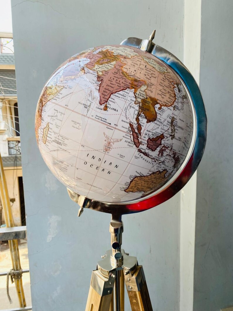 Large White Globe with Chrome Nickel Ring on Adjustable Light Brown Wooden Tripod Stand view 7