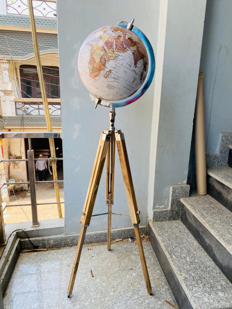 Large White Globe with Chrome Nickel Ring on Adjustable Light Brown Wooden Tripod Stand view 8