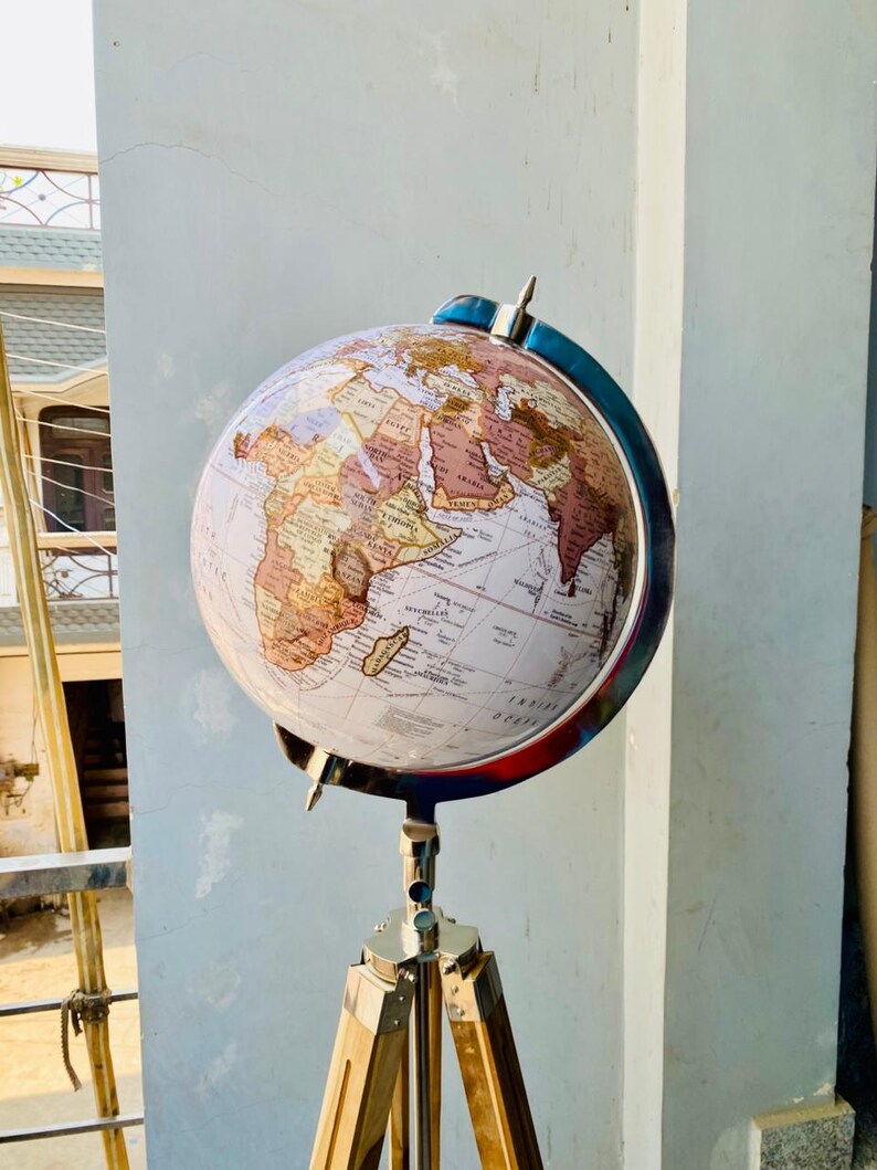 Large White Globe with Chrome Nickel Ring on Adjustable Light Brown Wooden Tripod Stand view 9