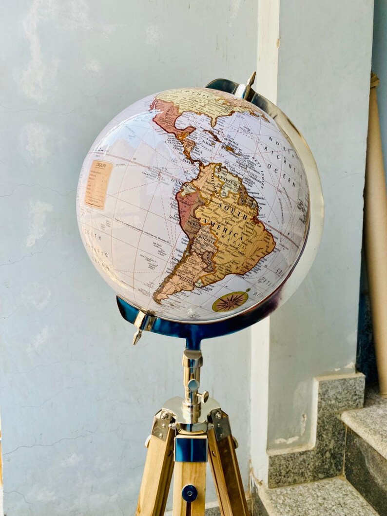 Large White Globe with Chrome Nickel Ring on Adjustable Light Brown Wooden Tripod Stand view 10