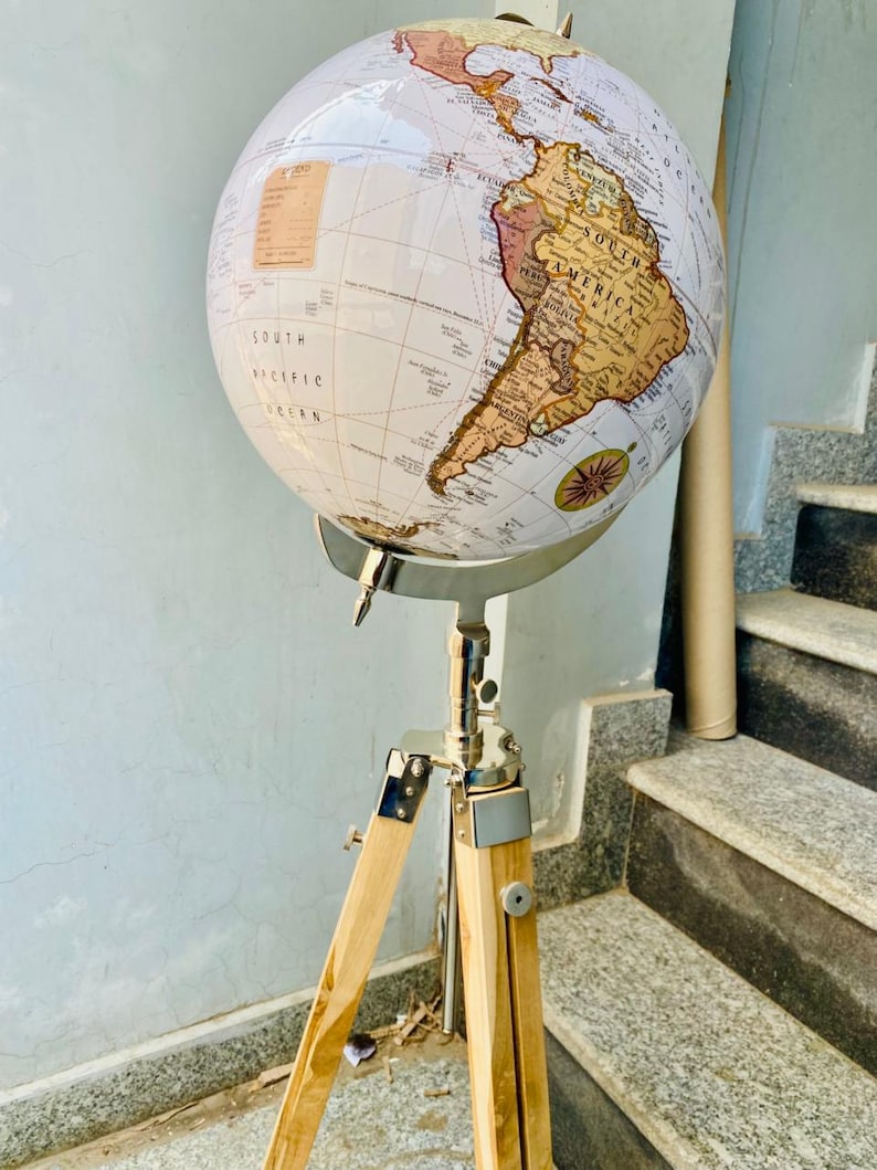 Large White Globe with Chrome Nickel Ring on Adjustable Light Brown Wooden Tripod Stand view 11