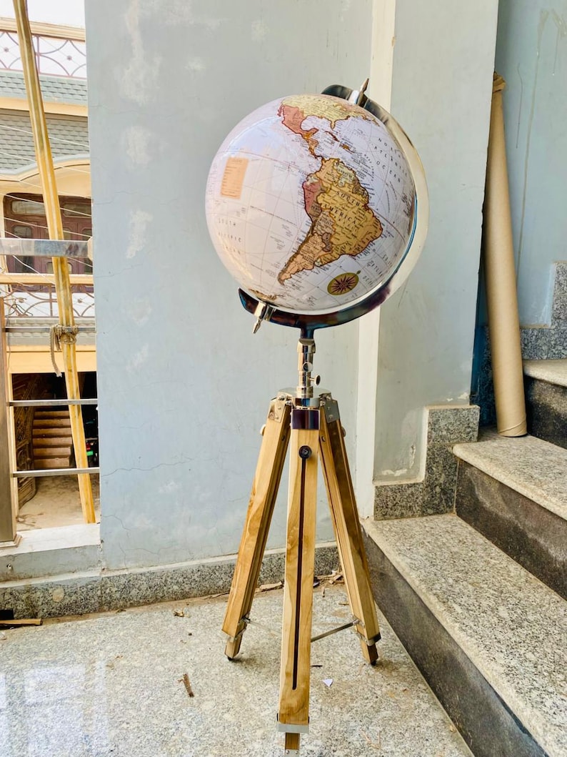 Large White Globe with Chrome Nickel Ring on Adjustable Light Brown Wooden Tripod Stand view 12
