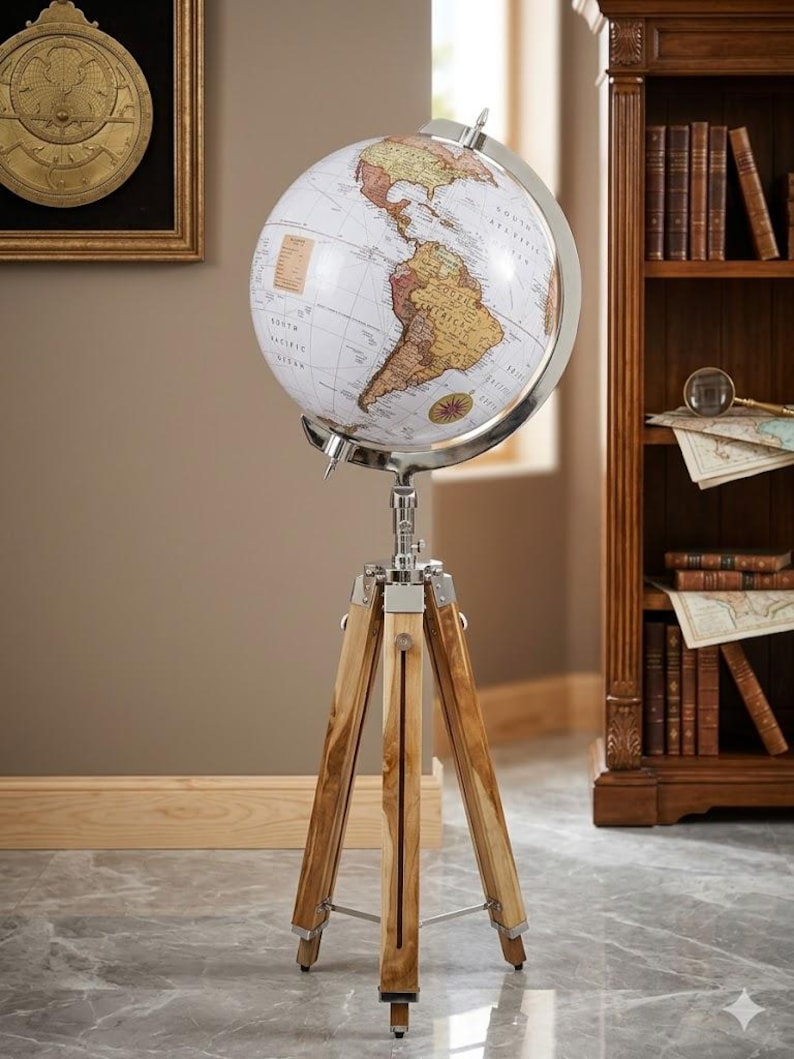 Large White Globe with Chrome Nickel Ring on Adjustable Light Brown Wooden Tripod Stand view 13