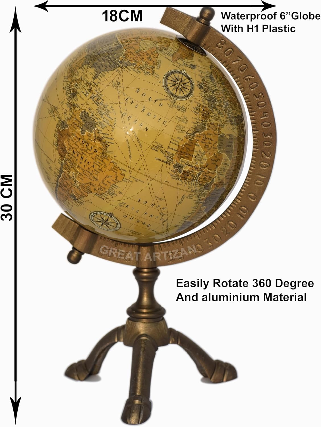 Antique Brass Educational Desk Globe with Three-Legged Brass Stand view 2