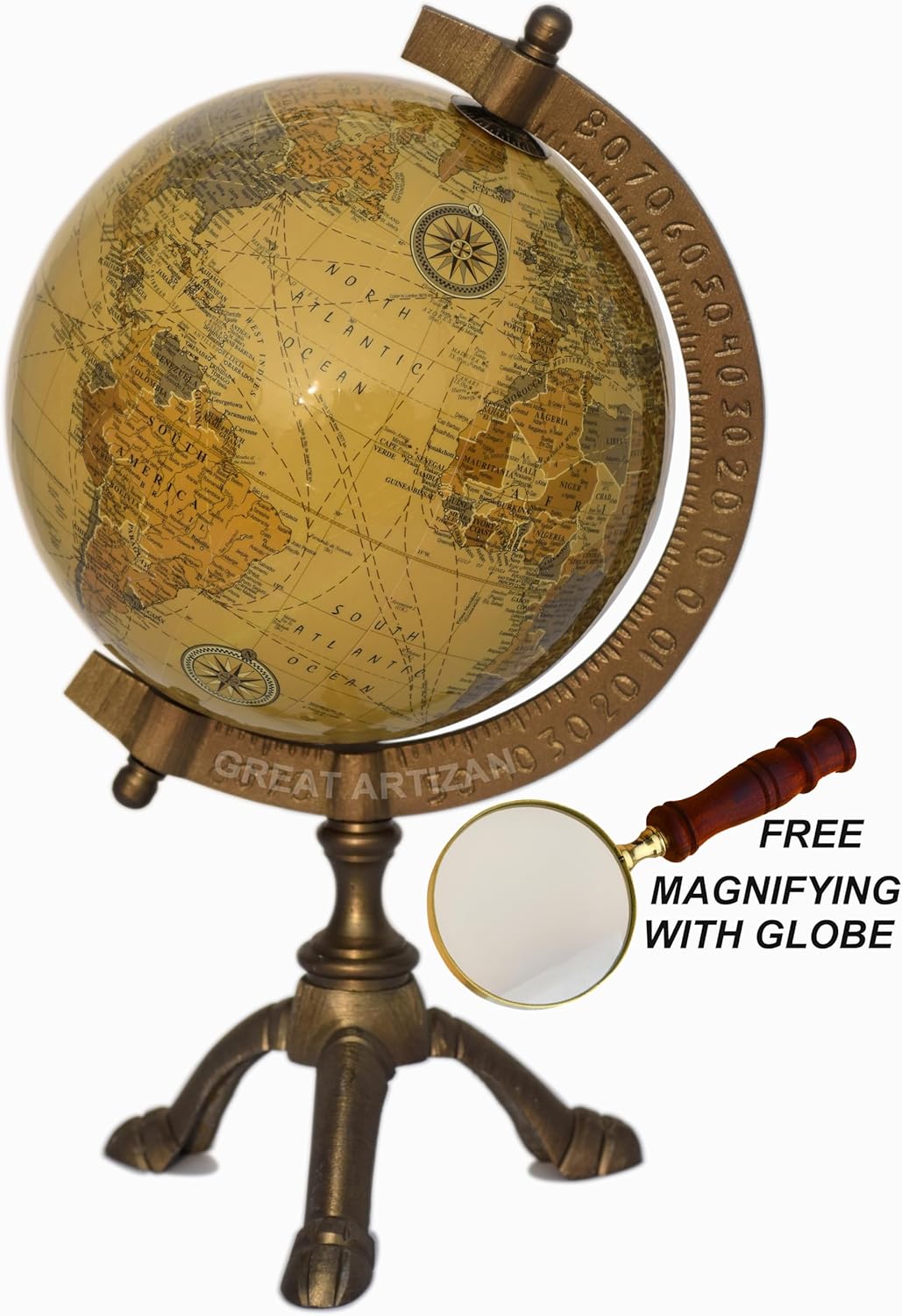 Antique Brass Educational Desk Globe with Three-Legged Brass Stand view 3