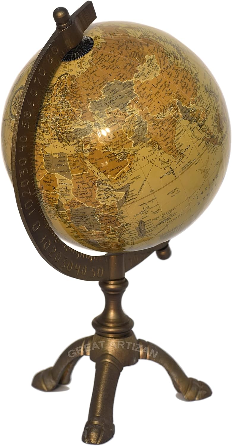 Antique Brass Educational Desk Globe with Three-Legged Brass Stand view 5