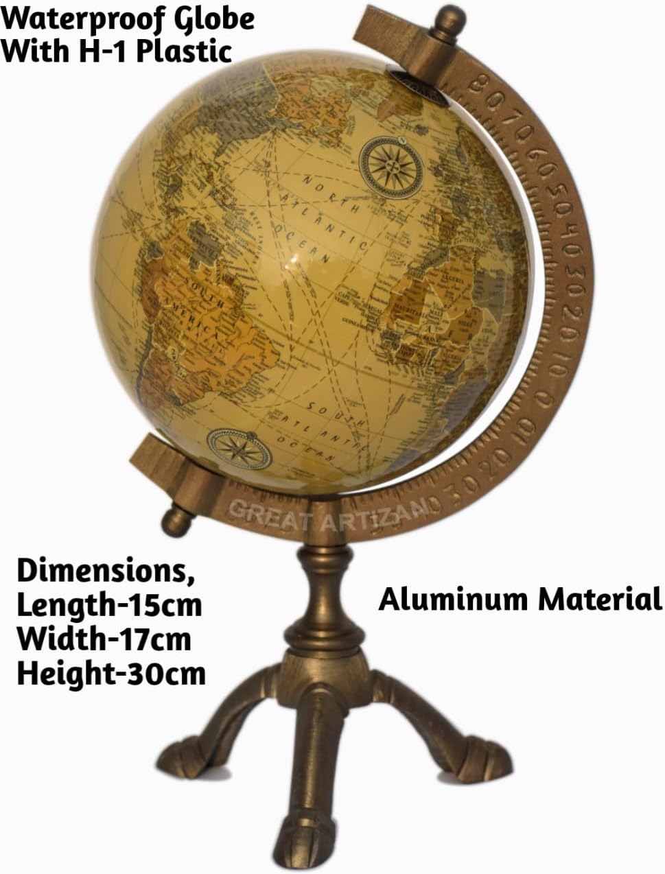 Antique Brass Educational Desk Globe with Three-Legged Brass Stand view 6